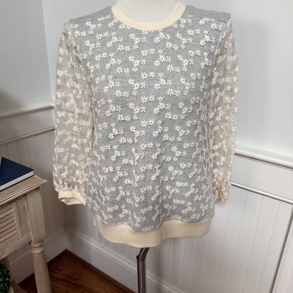 Amadi Womens Gray Floral Embroidered Sweatshirt Sheer Mesh Sleeve Small USA